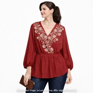 Savanna Jane 2X Embroidered Boho Romanticcore Festival Peplum Blouse Rust‎ Red